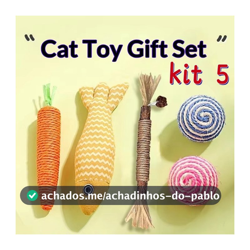 Kit 5 Brinquedos para gatos e Bastão Mastigável Mordedor Natural para Gato – Limpeza de Dentes e Diversão