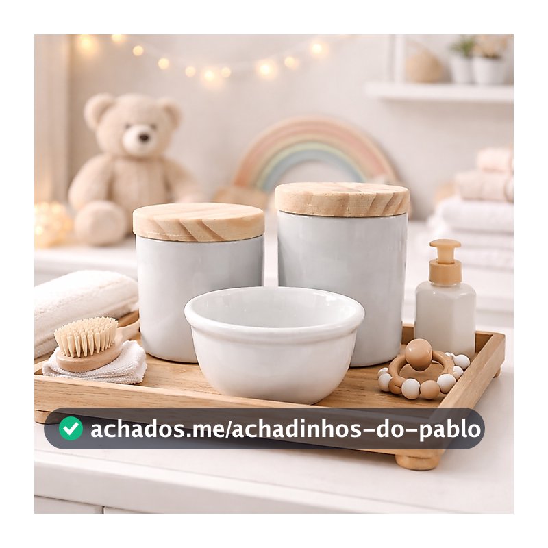 Kit Higiene Bebê Porcelana Maternidade Menino Menina com tampa Madeira 3 peças