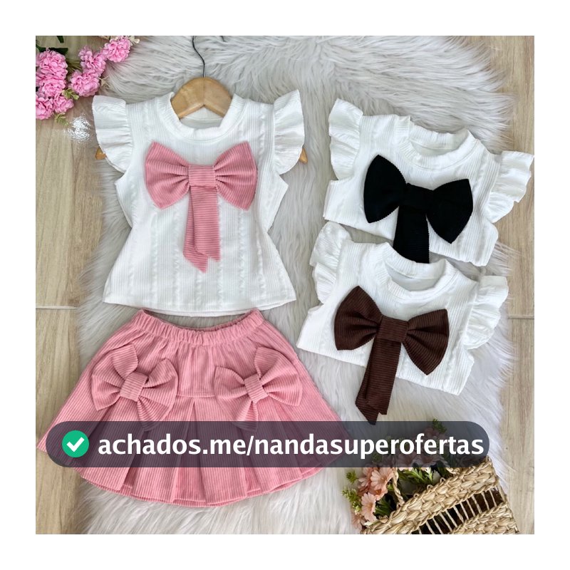 Conjunto Veludo Moda Infantil Para Meninas Blusa + Saia com Laços Look Delicado e Elegante Verão