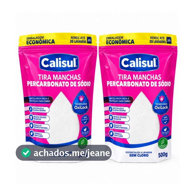Kit 2 Percarbonato de Sódio Calisul 500g Tira Manchas Alvejante Sem Cloro Roupas Limpeza Profunda 100% Puro Granulado