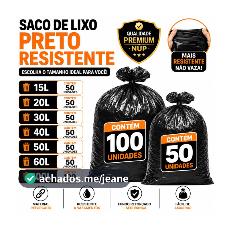 Saco de Lixo Preto Resistente Nup | Escolha o Tamanho 15L/20L/30L/40L/50L/60L/100L