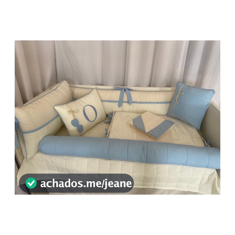 Kit Berço Americano Menino  Bita Com Almofada de Letra Azul Bebe 11 Peças Algodão