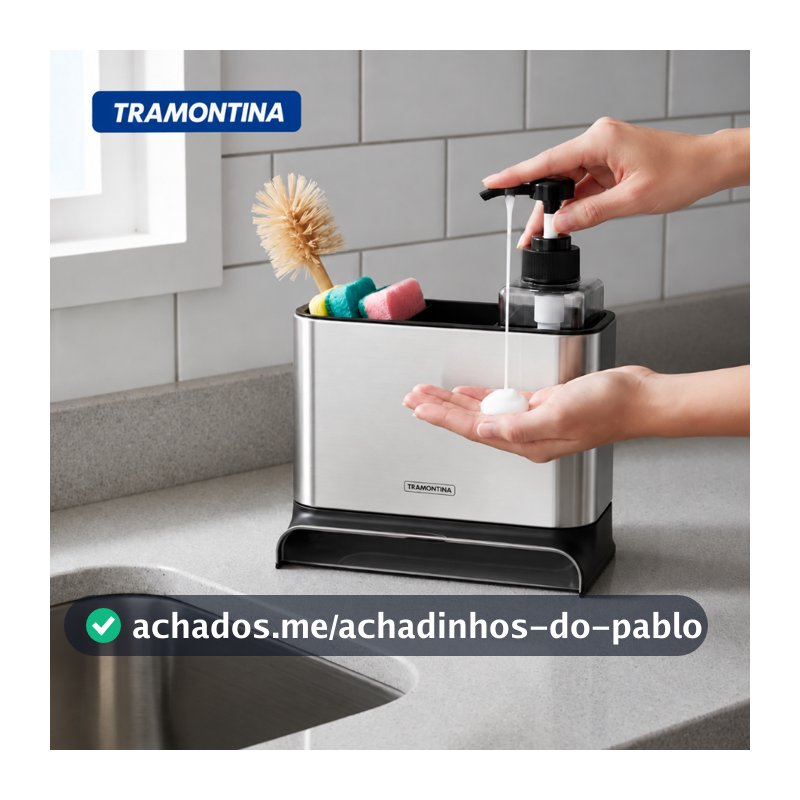 Dispenser Detergente Pia Cozinha Dispenser Sabão Liquido Esponja Bucha Inox Tramontina