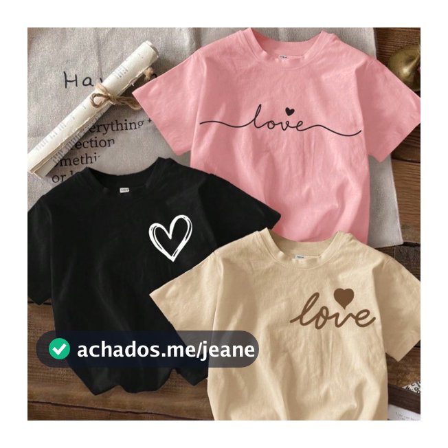 Kit 3 Camiseta Infantil Menina Blusa Algodão Love Coração Blusinha Casual Escolar Confortável Barato