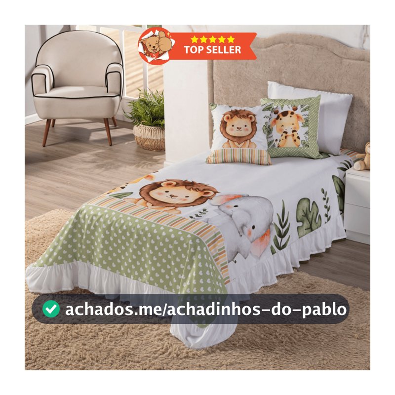 Kit Colcha Cobre - Leito 06 peças 1,70x2,30 Safari Baby Ideal p/ Decoração Quarto Infantil Solteiro