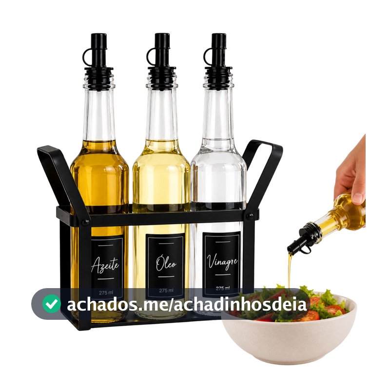Galheteiro Porta Azeite Vidro 3 Potes Vinagre Azeiteite óleo + etiquetas
