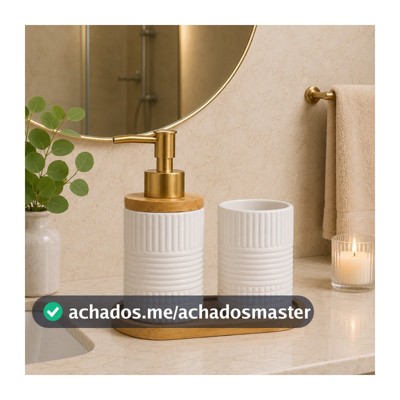 Kit Banheiro Lavabo 3 Peças Dispenser Sabonete Líquido Porta Escova com Bandeja Suporte Bambu Natural