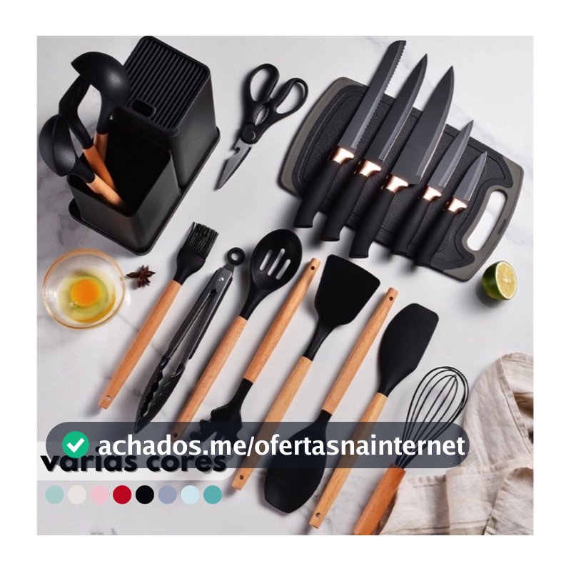 Kit Conjunto 19 Pçs De Utensílios Facas Silicone Cozinha Jogo Completo Batedeira Colher Pegador