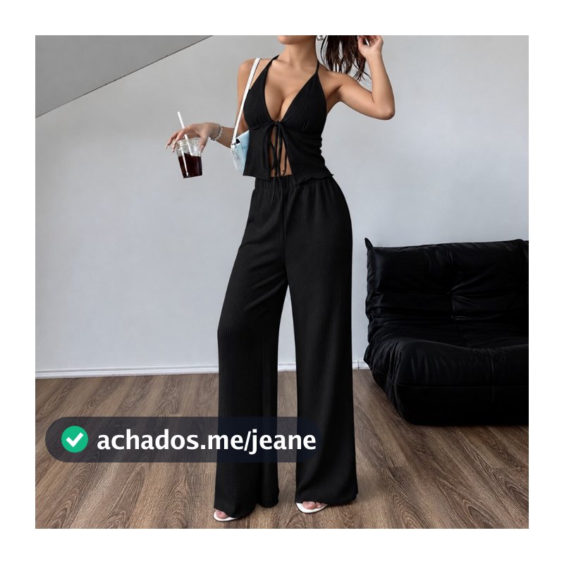 Conjunto Verão Feminino Liz Calça Pantalona + Blusa Top Amarração Conforto e Sofisticação