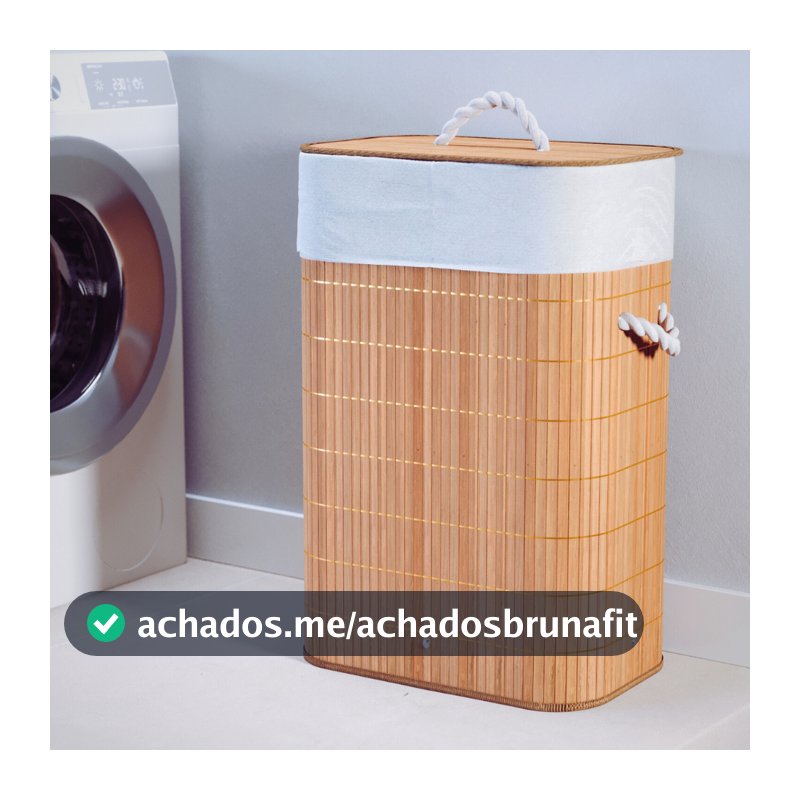 Cesto De Roupa Suja Bambu 72 Litros Lavanderia Com Tampa e Alças Forrado Grande Organizador Banheiro
