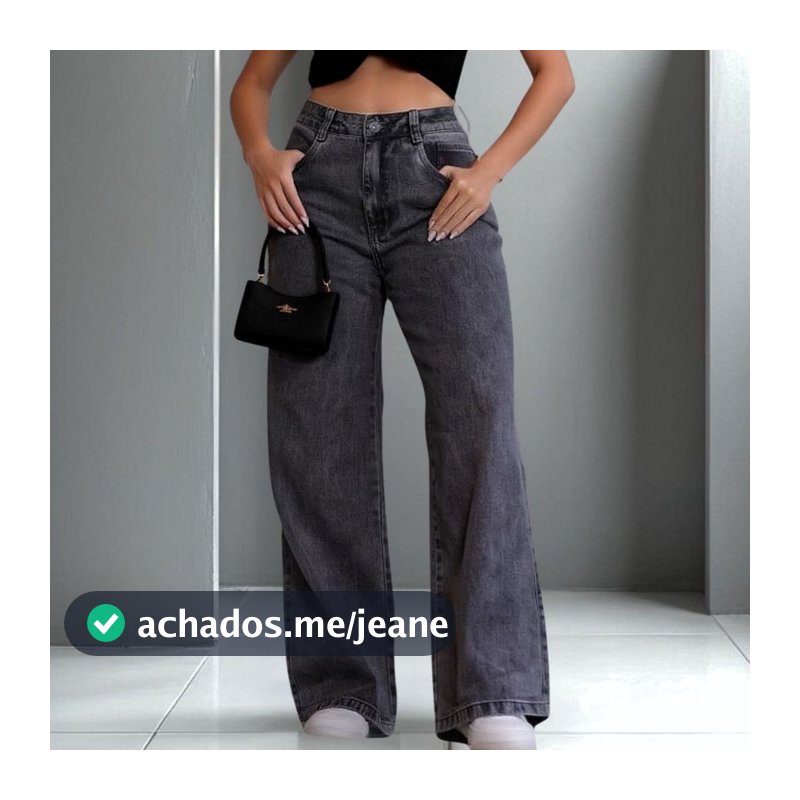 Calça Jeans Feminina Wide Leg Pantalona Cintura Alta Tecido Premium Preta Grafite Marmorizada Gringa