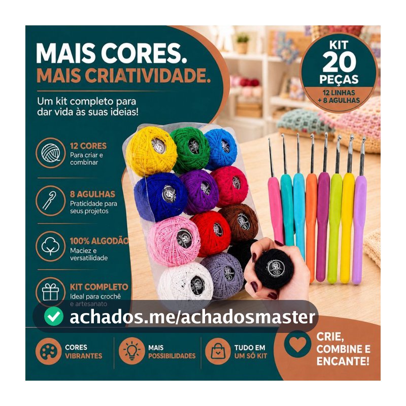 Kit Crochê Completo 12 Linhas Coloridas 100% Algodão + 8 Agulhas Ergonômicas Amigurumi Iniciante -AE
