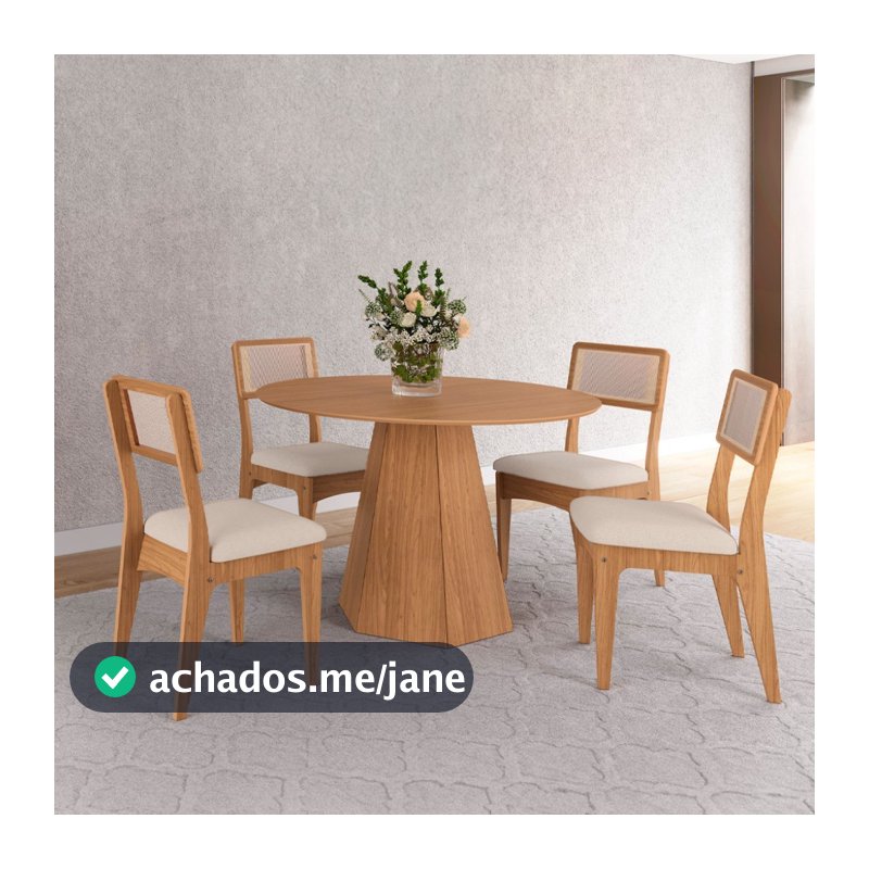 Conjunto Sala de Jantar Mesa Lisboa Hexagonal com 4 Cadeiras Palha Sintética 100% MDF