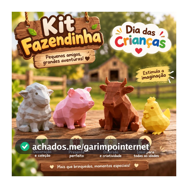 Kit Fazendinha 4 Animais da Fazenda 3D Mini Bichinhos Brinquedo Infantil Presente Dia das Crianças