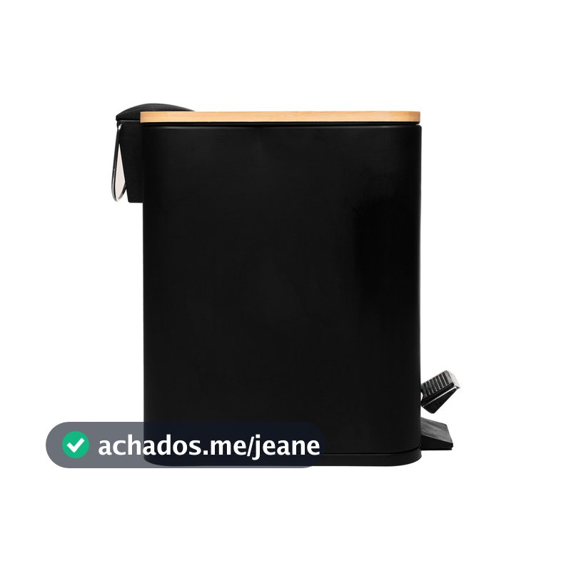 Lixeira Retangular de Metal com Pedal e Tampa em Bambu Preta 5L - Lyor