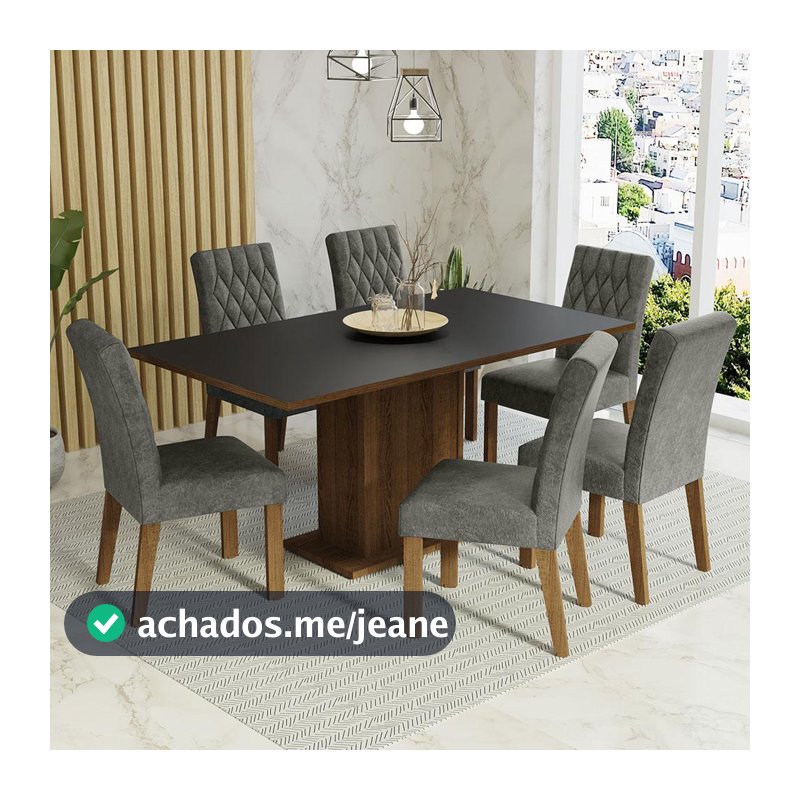 Conjunto Sala de Jantar Mesa Tampo de Madeira 6 Cadeiras Rustic/Preto/Silver Hanna Madesa