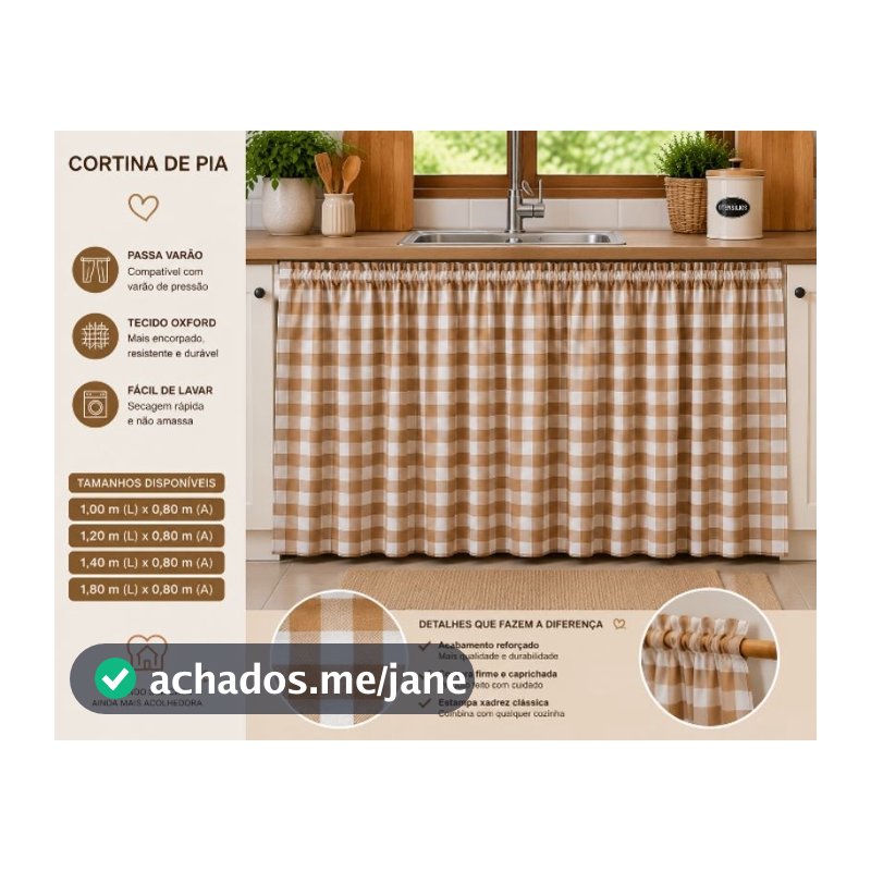 Cortina de Pia Xadrez para Balcão Cozinha Gourmet Farmhouse Oxford Passa Varão Várias Medidas