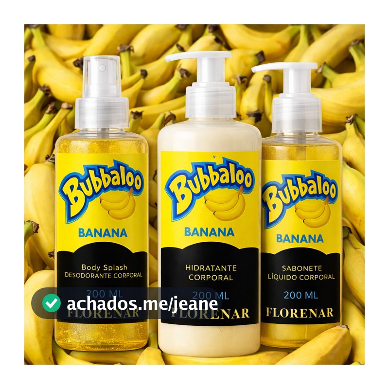 1 Kit Body Splash Bubbaloo Banana com gliter 200Ml + 1 Hidratante Corporal Banana 200ML + 1 Sabonete Líquido 200Ml Quant