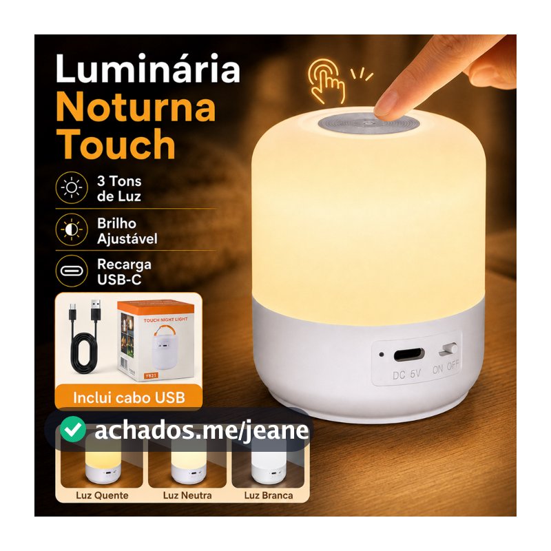 Abajur LED Touch Recarregável Luz Noturna USB com 3 Cores de Luz para Quarto e Mesa de Cabeceira