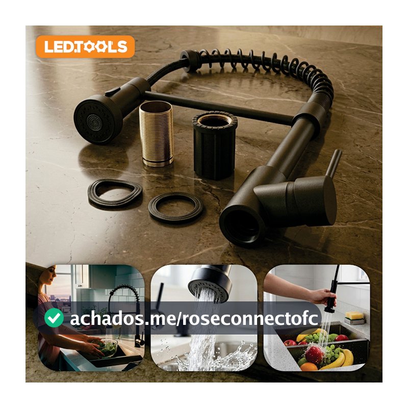 Torneira De Cozinha Mola Extensível Giratória 360º Com Mola Monocomando Instalação Bancada Prata/Preta