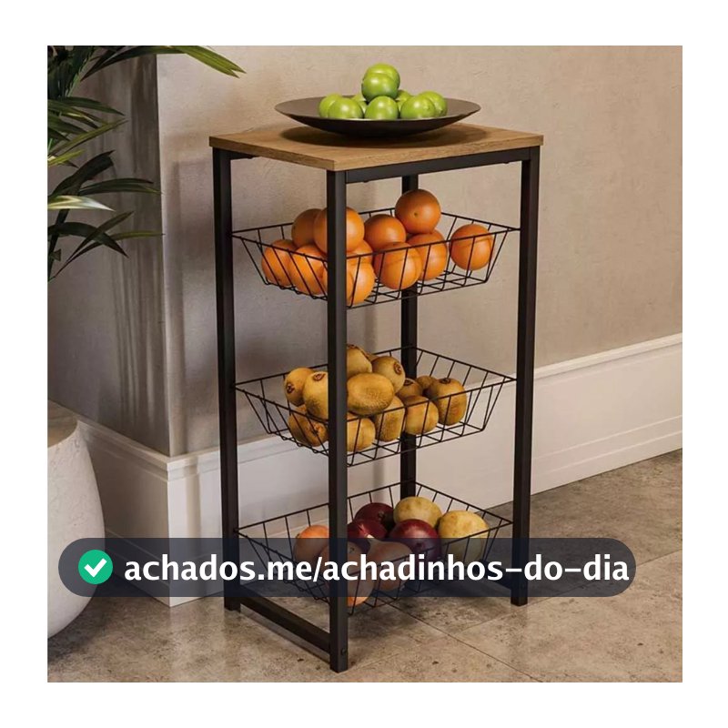 Fruteira De Chão Para Cozinha Preto Fosco Em Aço Carbono Tampo MDF Amadeirado