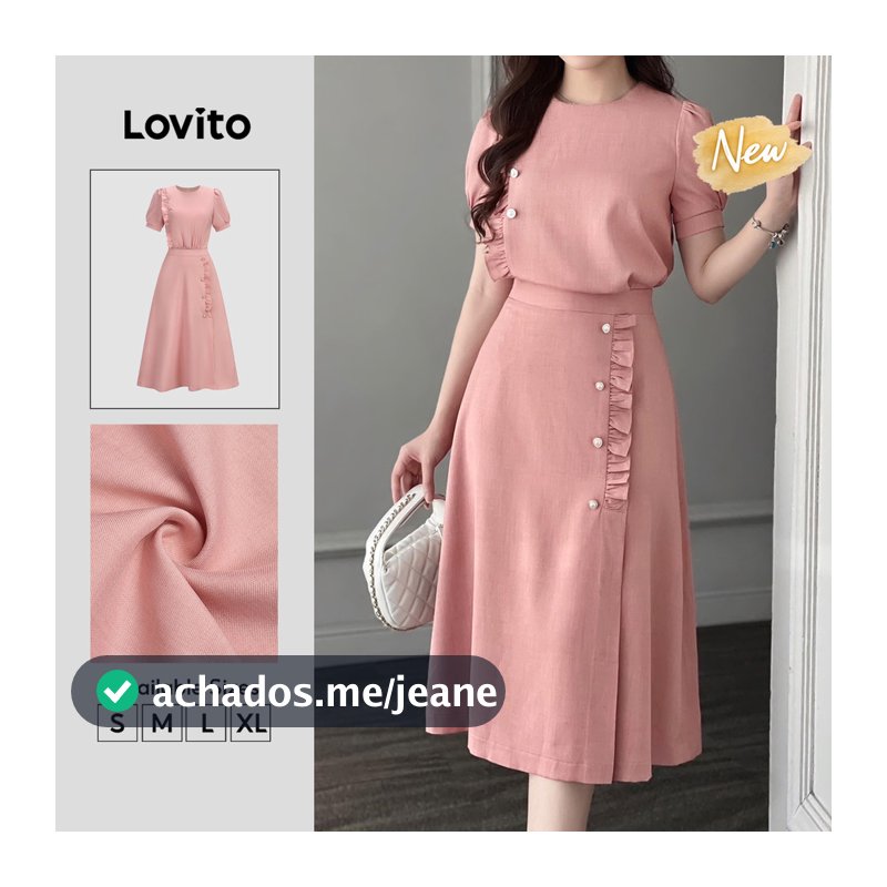 (New Arrival) Lovito Casual Vestido Longo Flare Rosa Babado Botão Assimétrico Férias Primavera Verão Para Mulheres DRB39BR038