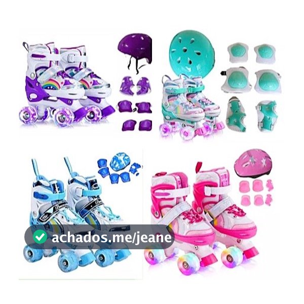 Patins Infantil 4 Rodas Com Luz De LED Arco Íris Ajustável Dinossauro+Kit Proteção e Sem Kit Proteção