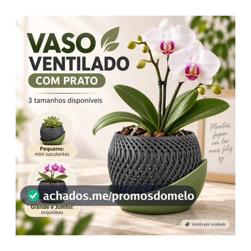 Vaso para Orquídea Ventilado c/ Prato Decorativo Orgânico Várias Cores Planta Suculenta Cacto Tulipa