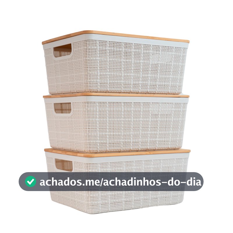 Kit 3 Caixas Organizadoras 4 Litros Brancas C/ Tampa Bambu Oikos