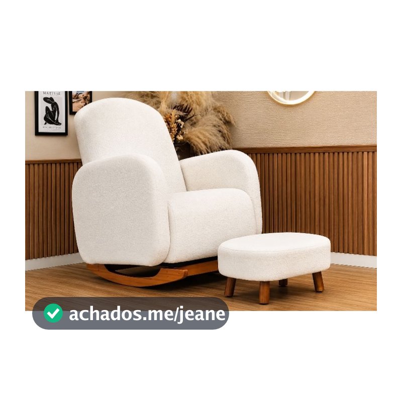 Poltrona de Amamentação Decorativa Curva  Balanço  Orgânica Boucle Bege ou Cinza com Puff para Sala Moderna Confortável!