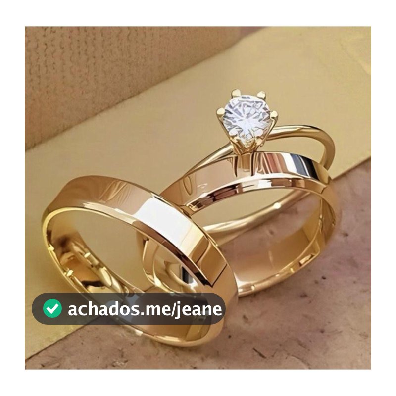 Par Aliança e Anel Solitário 4MM Noivado Casamento compromisso 100% em moeda cor de ouro 18k
