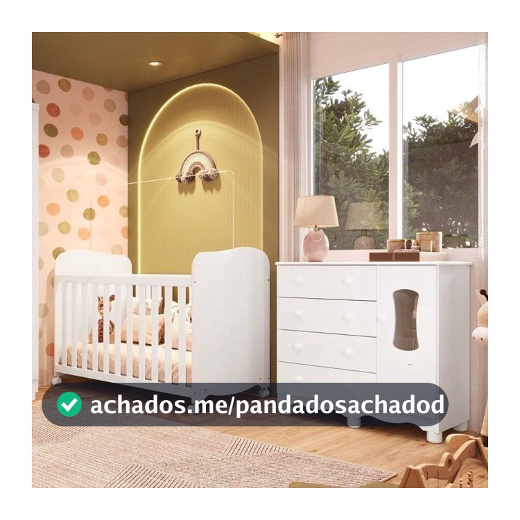 Quarto de Bebê Berço com Rodízios Cômoda 1 Porta Janelada 100% MDF Lana Espresso Móveis Branco Branco/Brilho