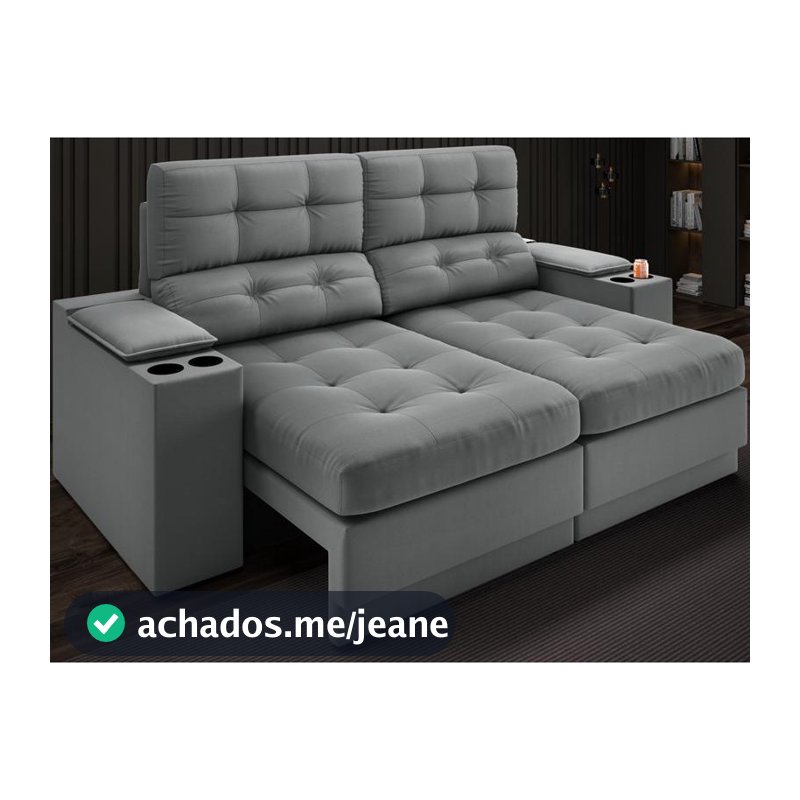Sofá com Porta Copos e Carregador USB Eureka 1,70m Assento Retrátil e Reclinável Velosuede Grafite - NETSOFAS