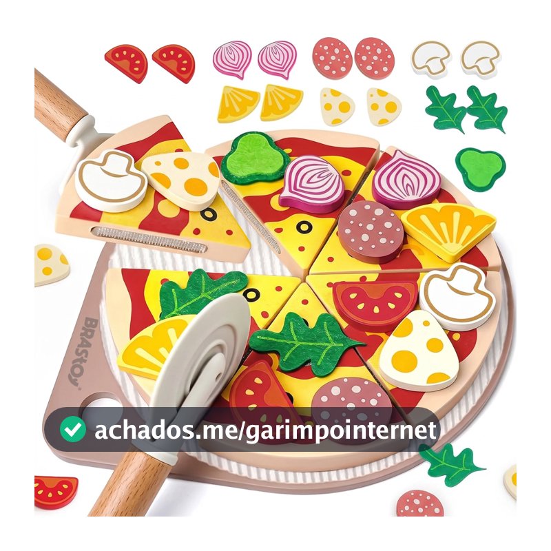 Kit Pizza de Madeira Cortar Comidinha Brinquedo Cozinha Infantil Faz de Conta Montessori Pequenos Chefs BRASTOY