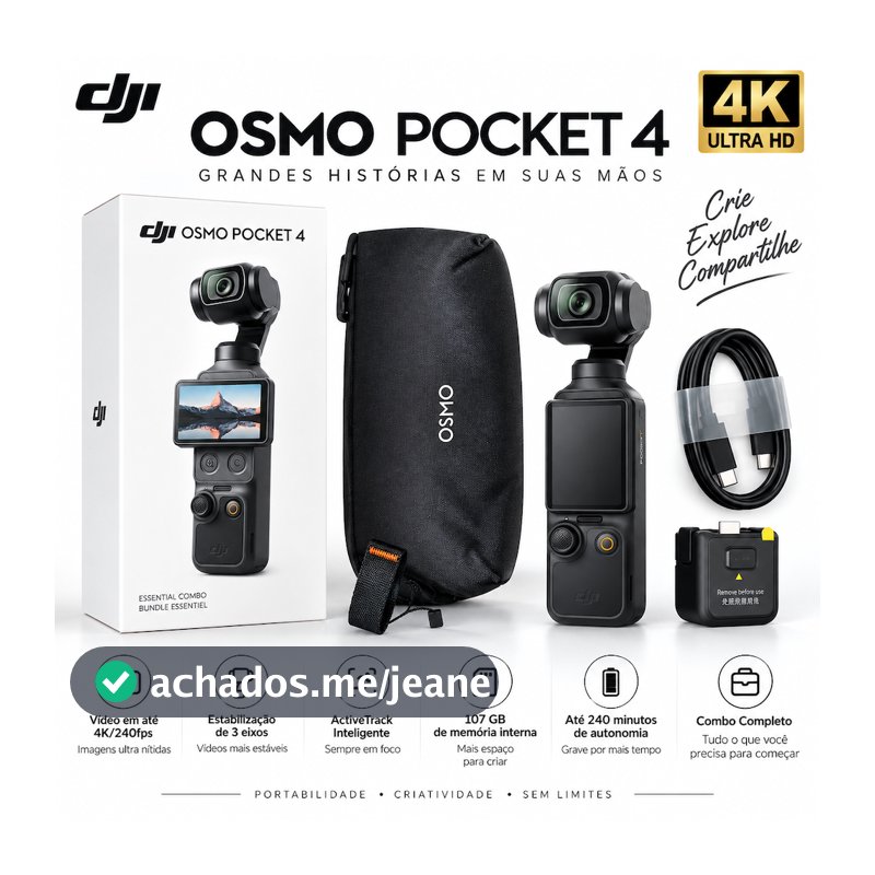 DJI Osmo Pocket 4 Essential Combo Câmera Portátil Gimbal Estabilizador para Vlog Viagem e Vídeos