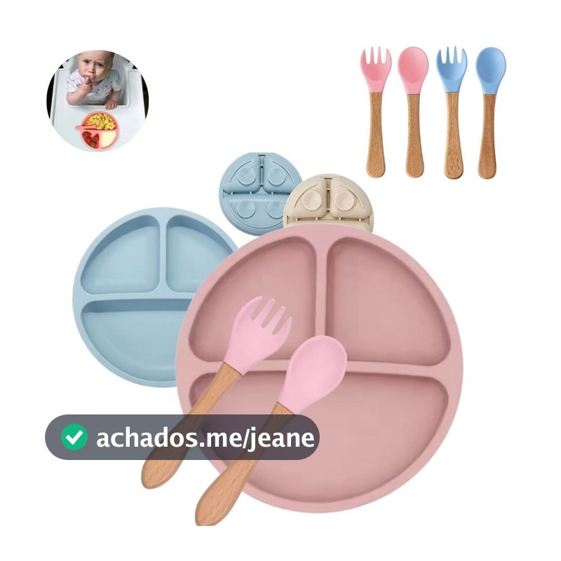 3 pçs Kit Prato com Talher Silicone Introdução Alimentar Bebê