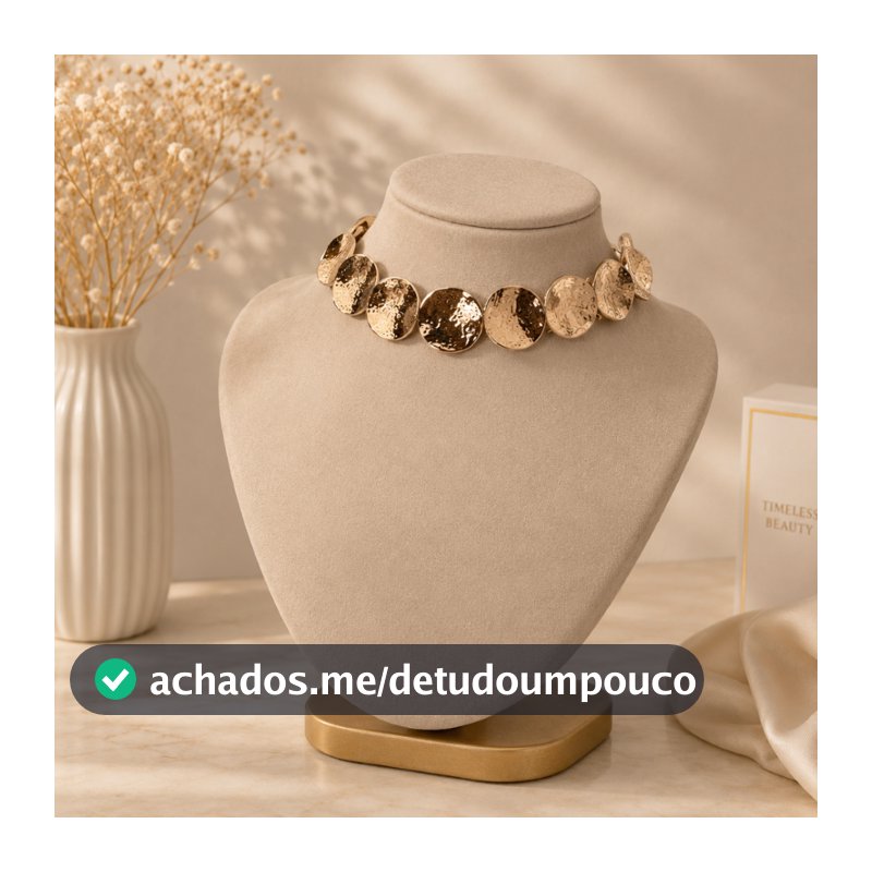 Colar Choker Feminino Disco Martelado Ouro Rosé/Prata Elegante Fashion Moderno Ajustável