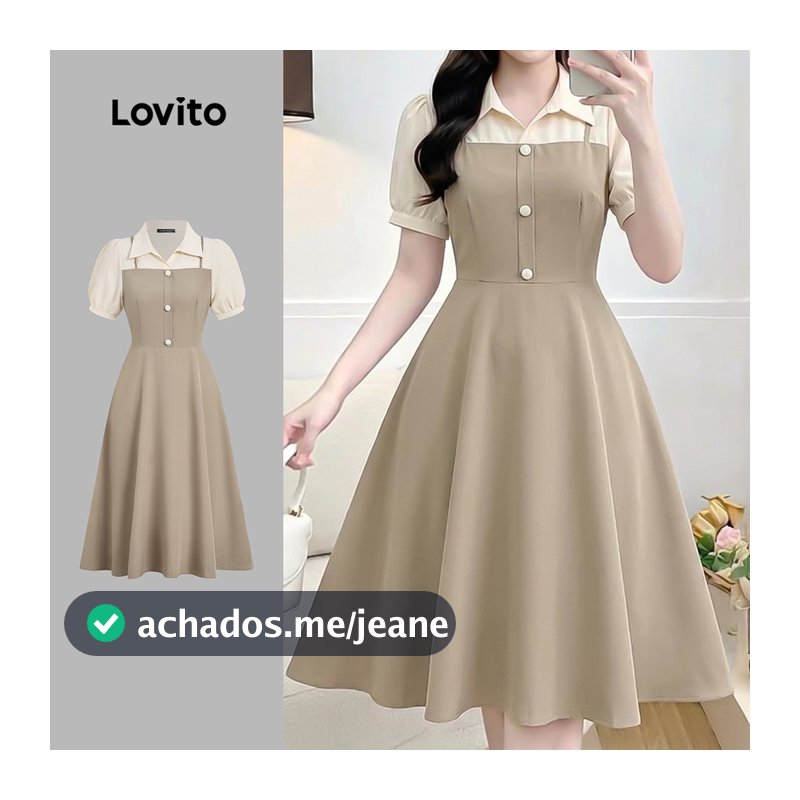 Lovito Midi Vestido Casual Falso 2 Em 1 Com Botões Em Blocos De Cores Cor Cáqui Claro Primavera/verão Para Mulheres L189ED190
