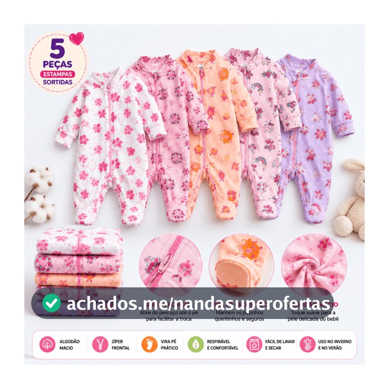 5 Macacões Bebê Estampado Vira Pé com Zíper Menina 100% Algodão