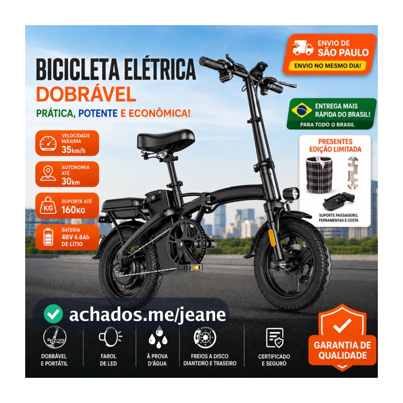 Bicicleta Elétrica Dobrável 400W 48V Bateria de Lítio Até 35km/h Autonomia 30km Freio a Disco Farol LED Envio SP