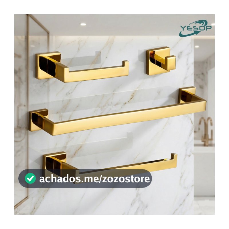YESOP Kit Acessórios Banheiro Dourado 4 Peças Aço Inox 304 Luxo Porta Toalha Papel Gancho Quadrado