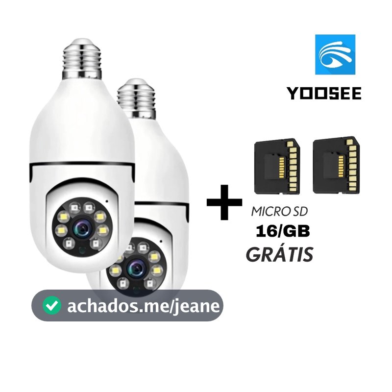 Kit 2 Câmera Segurança Lâmpada WiFi 360° Yoosee PTZ Full HD Visão Noturna com 2 Cartão 16GB