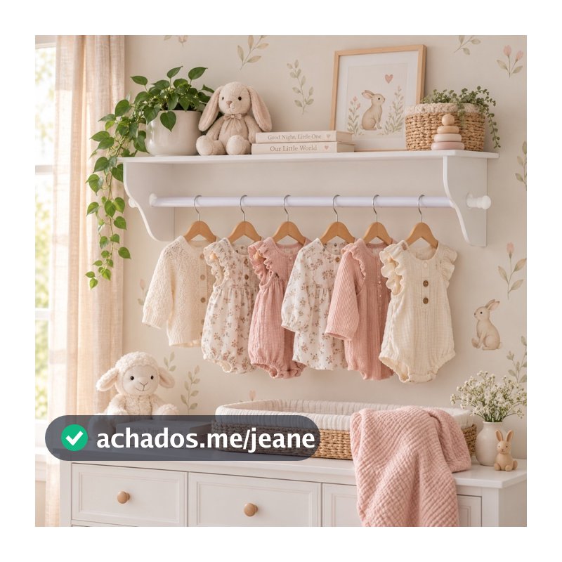 Prateleira Porta Fraldas com Varão 1m em MDF Branco Quarto de Bebê