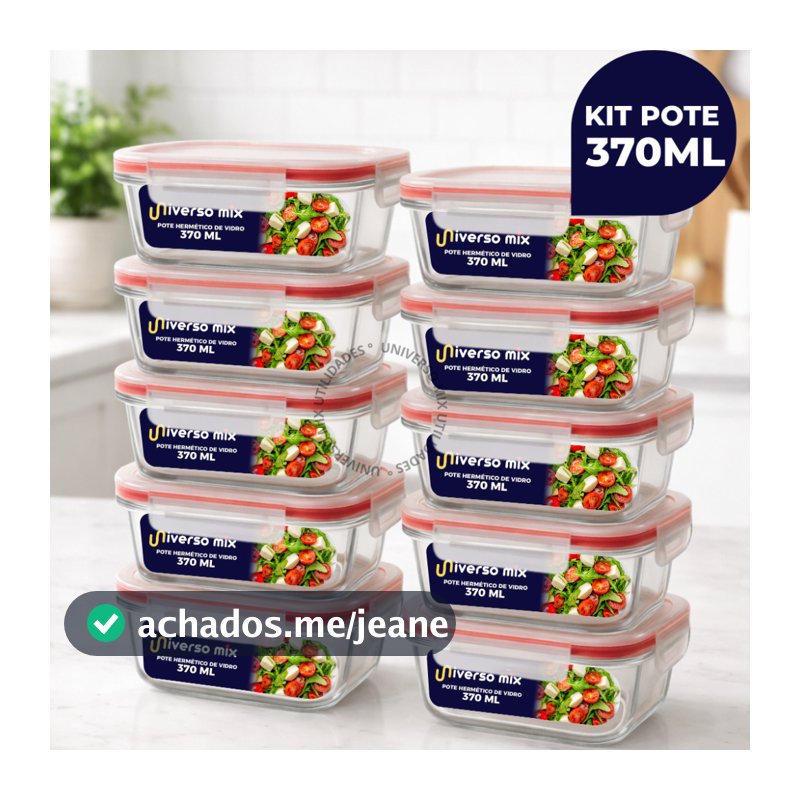 Kit 10 ou 5 Potes Vidro Hermético 370ml Retangular Premium Marmita Fitness