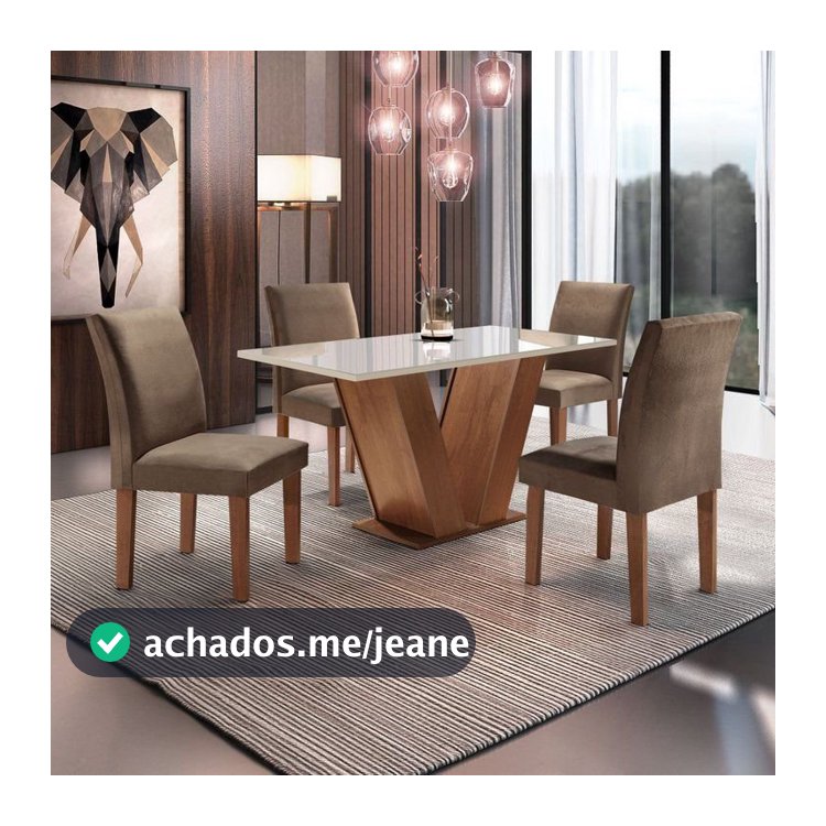 Conjunto Sala de Jantar Mesa Tampo de Vidro 4 Cadeiras Espanha Yescasa Chocolate/Off White/Animale Marrom