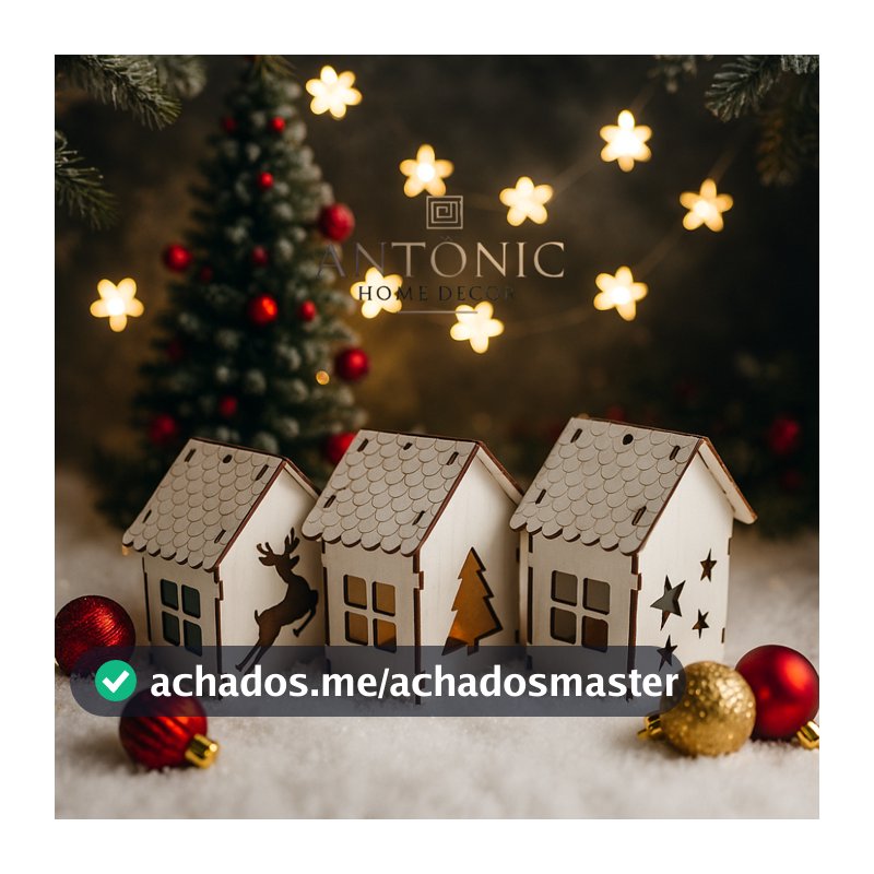 Trio de Casinhas Natalinas BRANCAS OU MARROM em MDF com Fio de LED – Decoração de Natal