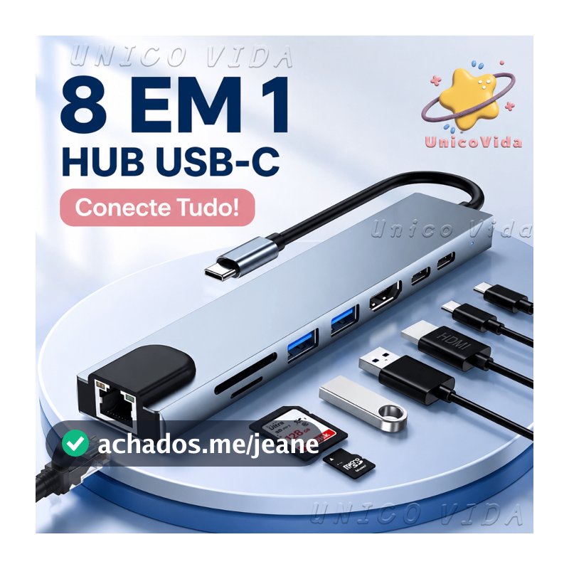 Hub USB-C 8 em 1 Adaptador Tipo C HDMI 4K USB 3.0 RJ45 SD TF PD 100W Docking Station