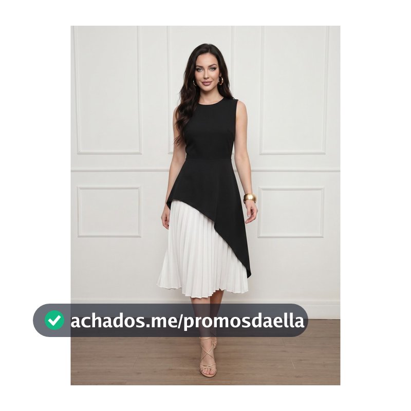 Vestido Feminino Em Crepinho Sem Manga Com Forro Plissado Separado Do Vestido