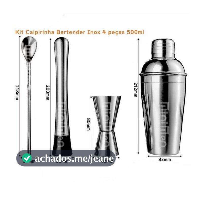 Kit Bartender Completo Coqueteleira Inox 500ml 4 Pçs Para Drinks E Caipirinha Premium