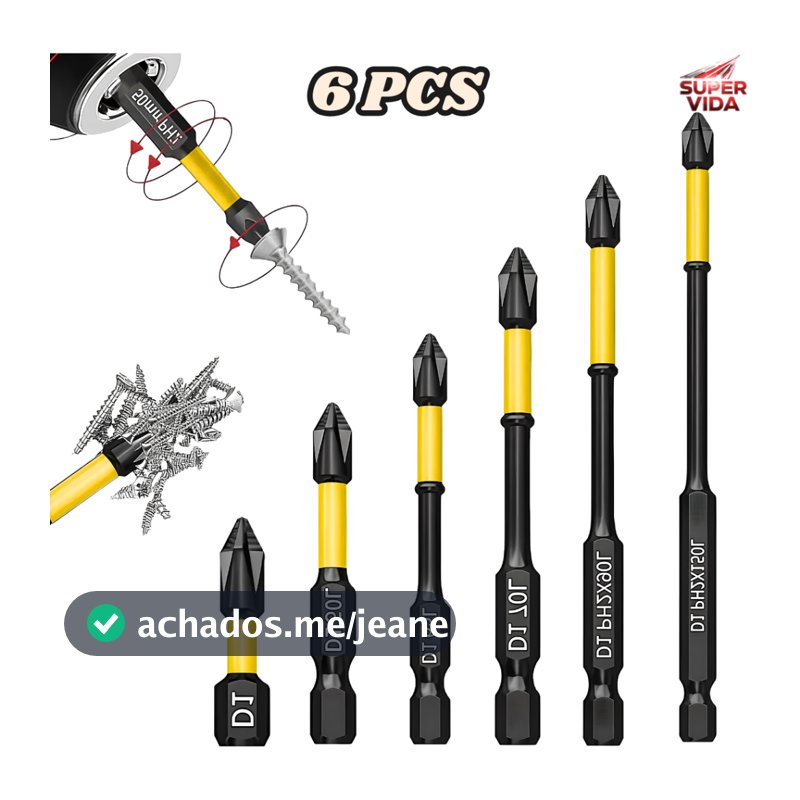 Kit 6 Bits Phillips 25-150mm Aço S2 Magnético Antiderrapante Para Parafusadeira